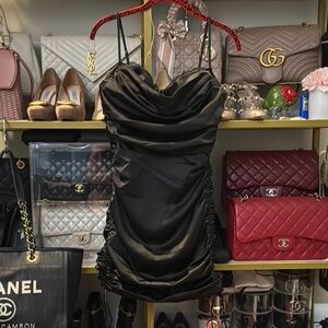 Oh Polly All For You Lace Trim Black Satin Mini Dress